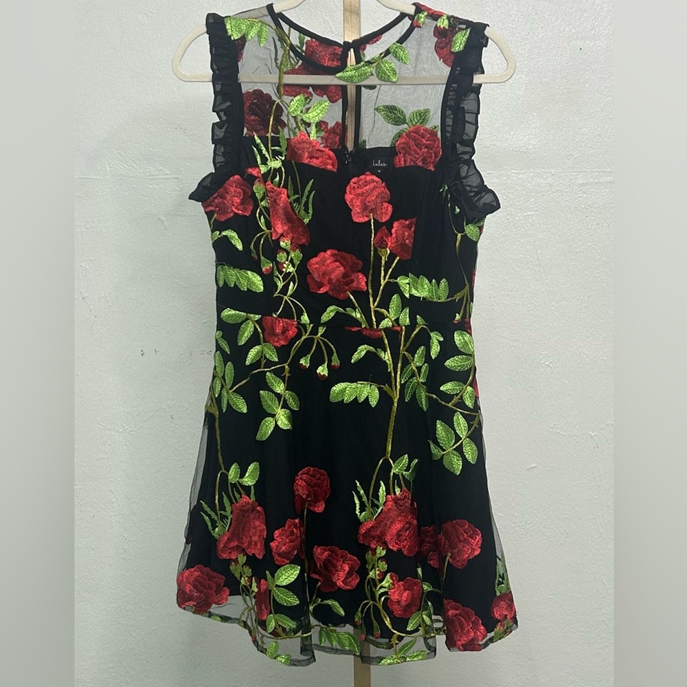 Lulus Floral Black Dress with Red and Green Embroidery Size Medium
